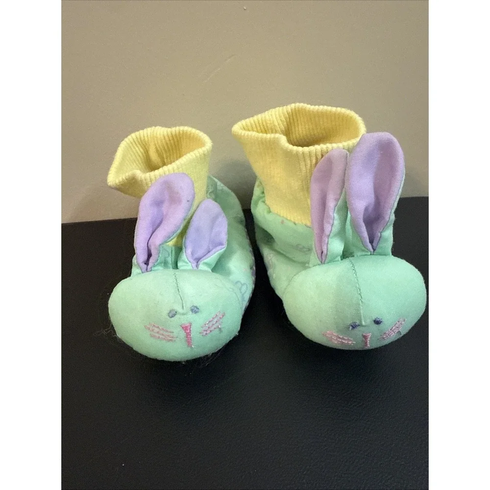 AVON Baby Bunny Slippers SM Size 0-12Months Green Rabbit Purple Ears Booties VTG